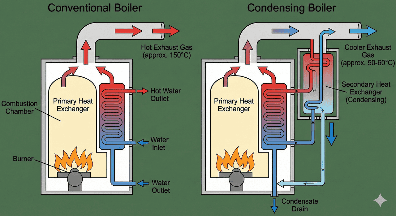일반 보일러(좌)와 콘덴싱 보일러(우)의 작동 구조 차이 (Gemini)