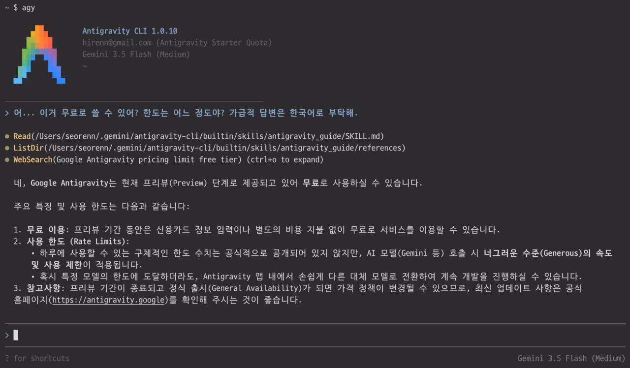 가난한 이가 Antigravity CLI에게 던진 첫 질문